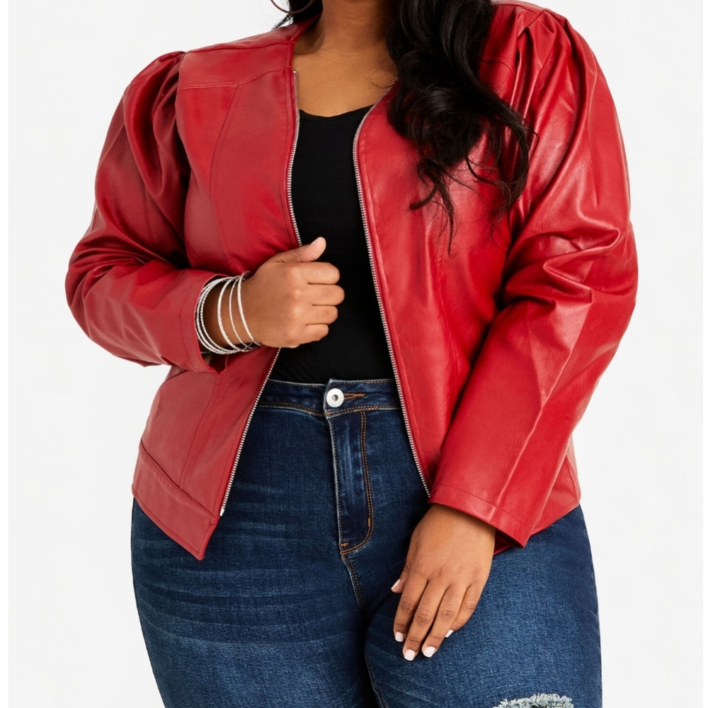 (BLACK) Ashley Stewart Puff Sleeve Faux Leather Jacket